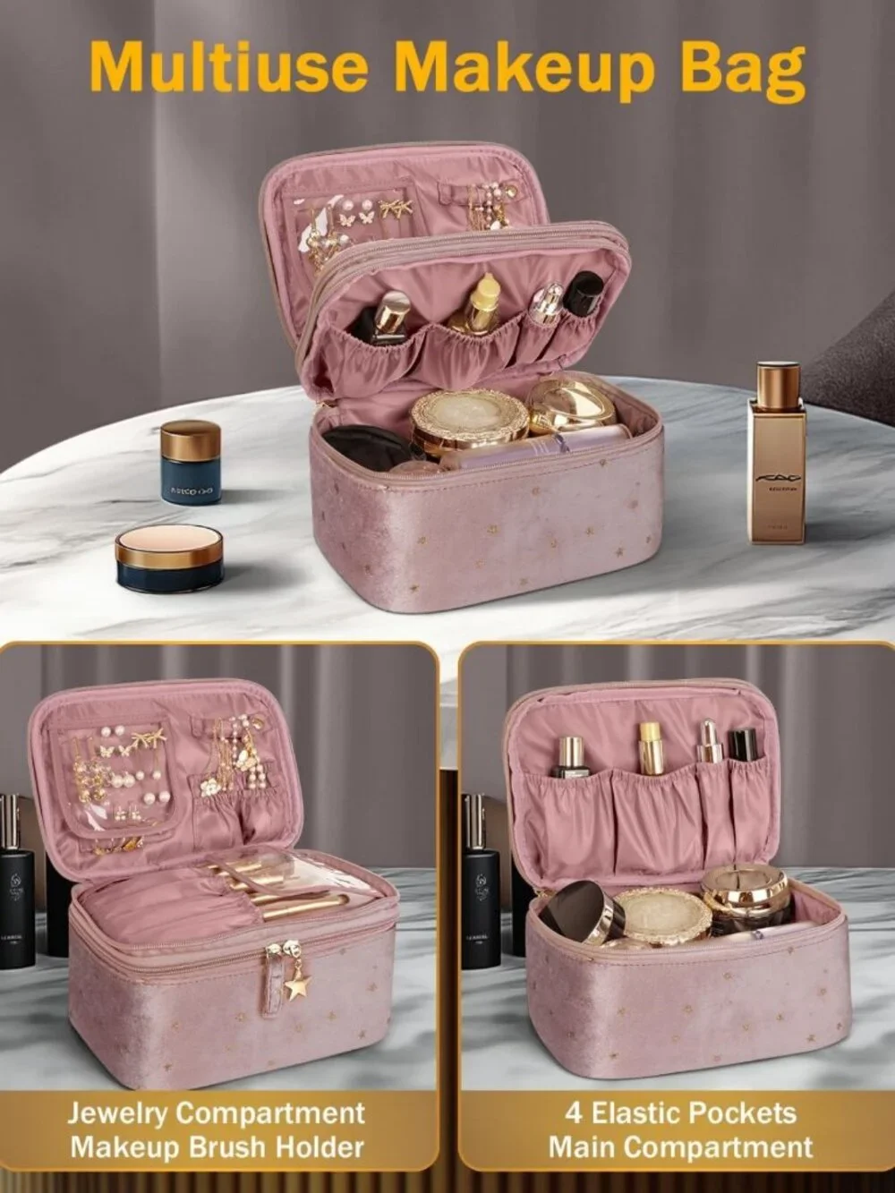 Stylish Double-Layer Makeup Bag Set with Jewelry Storage & Brush Holder - Pink